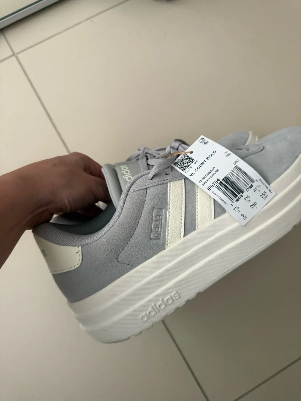 adidas Women’s Light Gray Suede Platform Sneaker with Cream Stripes